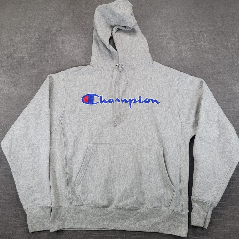 Champion Reverse Weave Mens Medium Heather Gray Script Logo Hoodie Sweatshirt